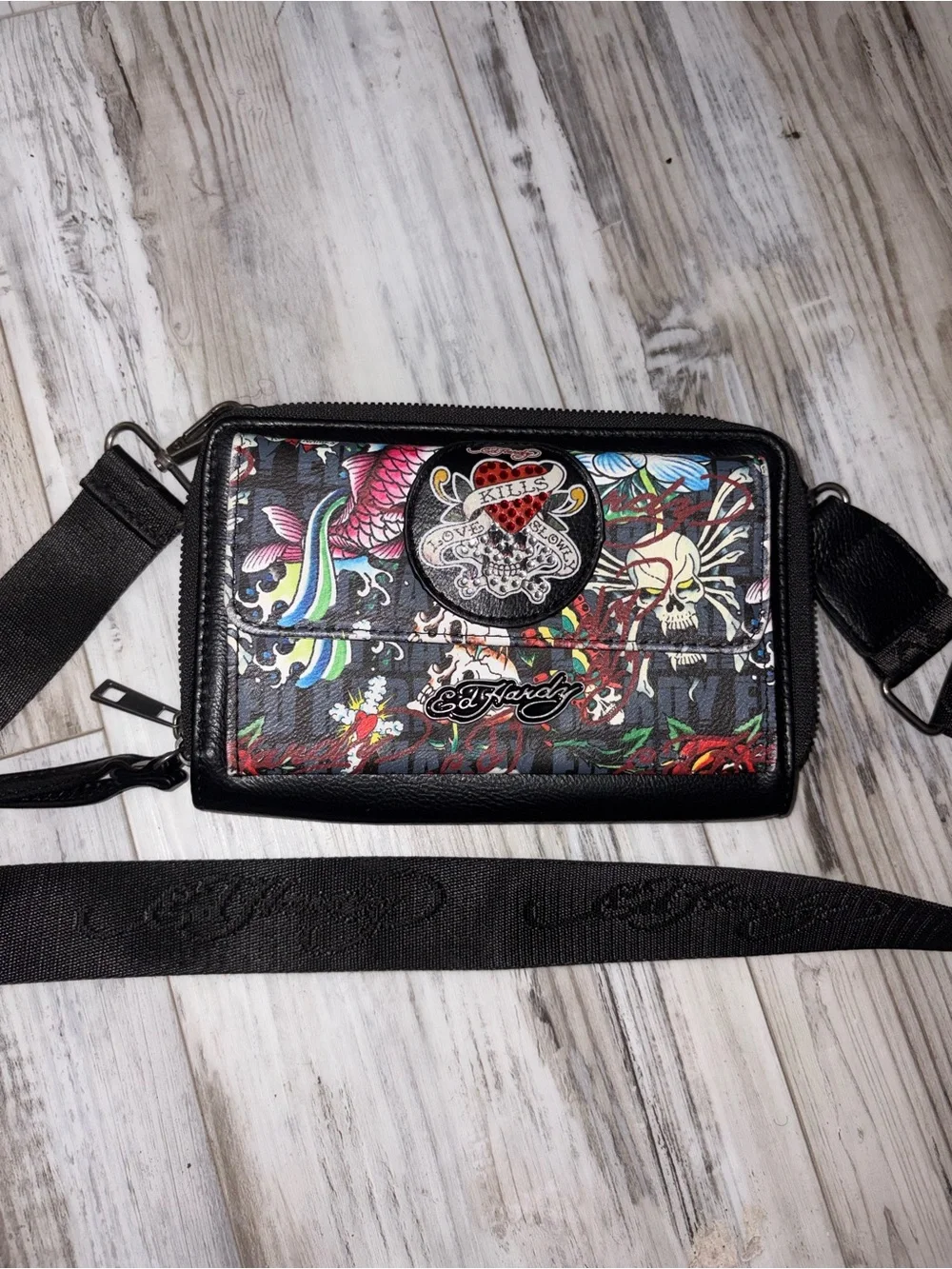 Ed Hardy Black Multicolor Tattoo-Print Crossbody Bag